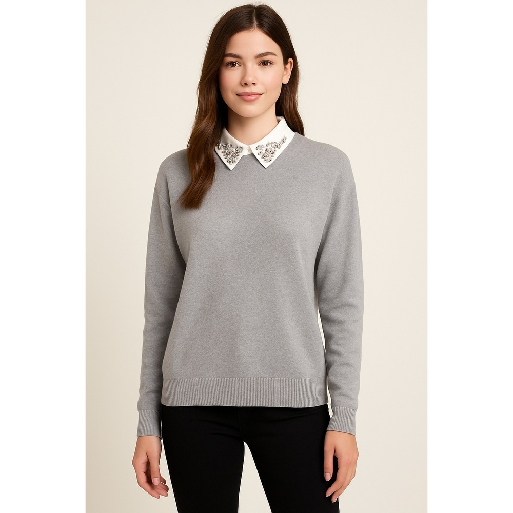 Siani Milano Women's Gray Beaded Collar Sweater‎ Size Medium